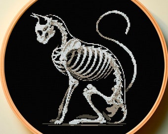 Cross Stitch Pattern PDF Cat Skeleton Elegant-Skull Raven Rook Crow Goth Macabre Spooky Romantic Love  Trendy Design Easy Cute Funny Dark