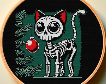 Kruissteekpatroon pdf kerstman kat skelet-kerstboomornament kerstbal Goth macaber spookachtig trendy ontwerp eenvoudig schattig grappig donker katje