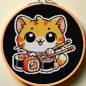 Modernes Kreuzstichmuster PDF Sushi Katze Katze Mama Geschenk Orange Lustig Anime Cartoon Hoop Art Feline Kawai Anfänger Japan Ramen Essen