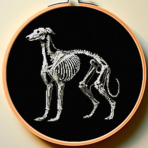Cross Stitch Pattern PDF Dog Borzoi Greyhound Play-Bow Skeleton Elegant Skull Rook Crow Goth Macabre Spooky Trendy Design Cute Funny Dark