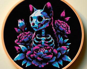 Cross Stitch Pattern PDF Neon Cat Skeleton Elegant-Modern Raven Rook Crow Goth Macabre Spooky Romantic Trendy Design Easy Cute Funny Dark