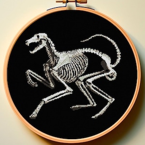 May include: A cross-stitch embroidery of a dog skeleton in white against a black background. The artwork is displayed in a round wooden embroidery hoop. The dog skeleton is in a running pose, with its bones clearly defined.