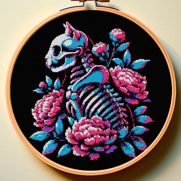 Cross Stitch Pattern PDF Neon Cat Skeleton Elegant-Peony Floral Goth Crow Goth Macabre Spooky Romantic Trendy Design Easy Cute Funny Dark