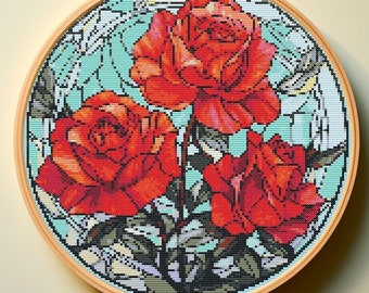 Stained glass Roses cross stitch Pattern keeper Flowers sampler Xstitch Floral embroidery Gift ideas for best friend Feminine wall art SAL