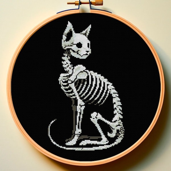 クロスステッチパターン PDF 猫のスケルトン エレガントな頭蓋骨 カラスのルーク カラス ゴス 不気味 ロマンチックな愛 トレンディなデザイン 簡単 かわいい 面白い ダーク
