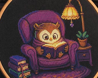 Cozy Owl Reading Cross Stitch Pattern (PDF Download) – Whimsical Nursery Art Dark Cottagecore Dark Academia Wall Art Easy Chart