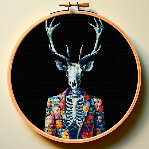 Cross Stitch Pattern PDF Summer Style Deer Skull-Gothic Skeleton Macabre Spooky Romantic Floral Watercolor Trendy Design Easy Cute Fun Boo