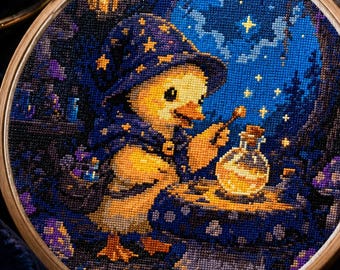 Wizard Duckling Cross Stitch Pattern (PDF Download)– Magical Night Scene Embroidery Moon Crescent Dark Cottagecore Duck Bird Full Coverage
