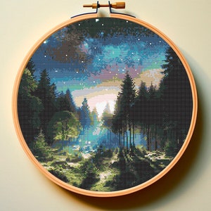 Peut inclure: Un cerceau de broderie au point de croix avec un motif représentant une scène de forêt nocturne avec un ciel étoilé. La forêt est vert foncé avec un ciel bleu clair et des étoiles blanches.