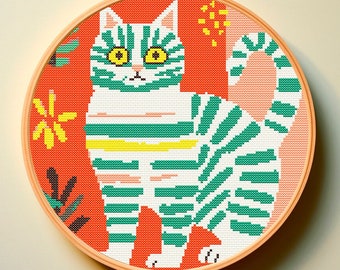 Cross Stitch Pattern Modern Cat PDF Cute Funny Geometric Abstract Floral Color Chart Beautiful Unique  Plant Flower Kitten Lover Gift Xstitc