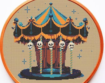 Patrón de punto de cruz moderno PDF Descarga instantánea Decoración de altar de bruja Patrón místico Gótico Macabro Espeluznante Carrusel Casa embrujada Halloween