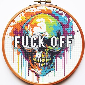 Funny Rude embroidery Counted cross stitch pattern Skull decor Fuck off Font embroidery Watercolor Rainbow art SAL Gift idea for best friend