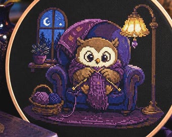 Cozy Owl Knitting Cross Stitch Pattern (PDF Download) – Whimsical Woodland Nursery Art Dark Cottagecore Bedroom Wall Art
