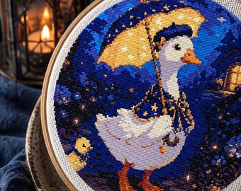 Cute Goose with Umbrella Cross Stitch Pattern (PDF Download) Dark Cottagecore Nursery Decor Cozy Whimsical Fairy Tail Instant Download