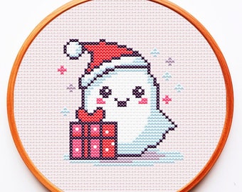 Cute Happy Christmas Ghost cross stitch pattern PDF funny easy small mini anime,pixel art,Santa,winter holidays,kawaii,gift,xsmas,pine,deer