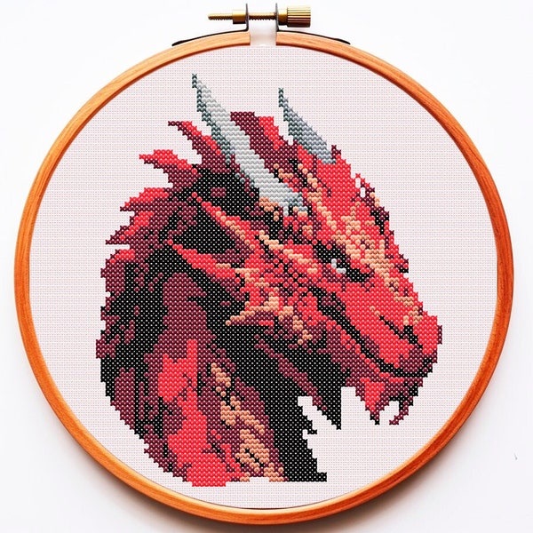 Red Dragon Cross Stitch Pattern PDF - Small Easy color chart Xstitch Geek Modern Funny The best Gift for Boyfriend/husband Gamer Fantasy Fan