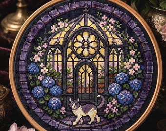 Gothic Window Cat Cross Stitch Pattern (PDF Download) – Floral Stained Glass Embroidery Vitrage Dark Academia Aesthetic Dark Cottagecore