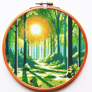 Modern Cross Stitch Pattern PDF Nature Summer Forest Woods Landscape Trees Sunset Easy Large Full Coverage Beginner Friendly New Design