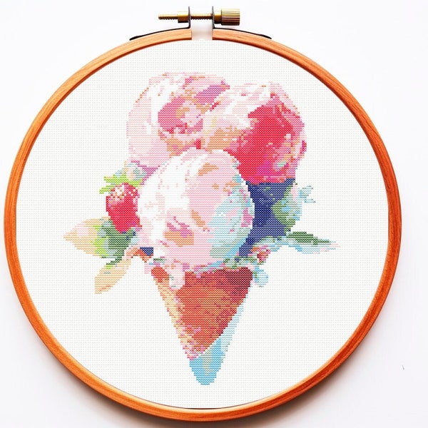 Ice Cream Cross Stitch Pattern PDF Modern Funny Watercolor Easy for Beginners Kitchen Food Towel Colorful Chart Xstitch Cute Dessert Sampler