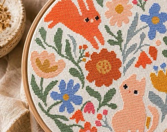 Floral Cat & Rabbit Cross Stitch Pattern (PDF Download)Meadow Flowers Garten Tales Stamp Abstract Crochet Needle Point Beginner Small Schema