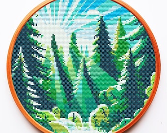 Modern Cross Stitch Pattern PDF Nature Forest Woods Fog Landscape Trees ...