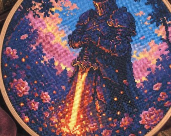 Knight with a Sword Cross Stitch Pattern (PDF Download): Gamer GIft for Him, Floral Gothic Mysthical Xstitch Dark Academia Decor Medieval