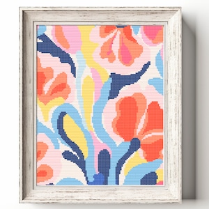 Peut inclure: Un motif de point de croix encadré avec un design floral abstrait coloré. Le motif présente des fleurs roses, orange, jaunes, bleues et blanches.