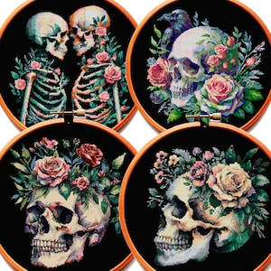 SET di 4 schemi punto croce gotici in formato PDF, teschio, fiori, rose, floreali, moderni, unici, estetici, scuri, scheletri, decorazioni da parete, alla moda, neri scuri.