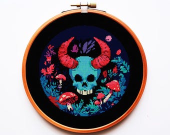 Patrón de punto de cruz mágico PDF Calavera Planta Mística Diablo Floral Rosas Fantasía Gótica Bordado Gótico Bruja Brujería Arte Oscuro Celta Hongo