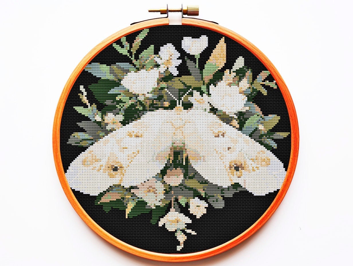 Cross Stitch Chart PDF Pattern Butterfly Lunar Moth Roses Flowers ...