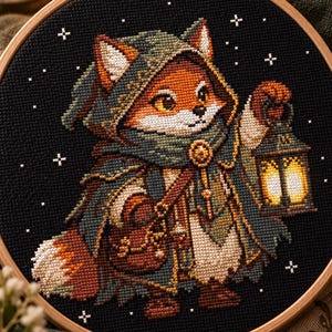 May include: A circular wooden embroidery hoop containing a cross-stitch design of a fox wearing a hooded cloak and carrying a glowing lantern. The fox is set against a black background with small white stars, featuring orange, green, and brown tones.