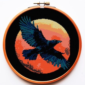 Bird Cross Stitch Pattern PDF Crow Raven Dark Forest Full Moon Gothic Goth Xstitch Woods Night Sky Stars Crescent Mystical Witchy Unique