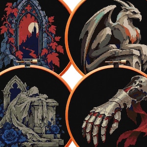 SET of 4 Cross Stitch Patterns BUNDLE PDF Dark Gothic Window Gargoyle Tombstone Glove Castle Medieval Knight Armor Vintage Beginner Basic