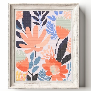 May include: A framed cross-stitch artwork featuring a colorful floral design with orange, blue, and green hues. The flowers are stylized and abstract, with a modern aesthetic.