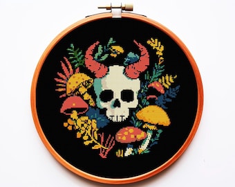 Patrón de punto de cruz mágico PDF Calavera Planta Mística Diablo Floral Rosas Fantasía Gótica Bordado Gótico Bruja Brujería Arte Oscuro Celta Hongo