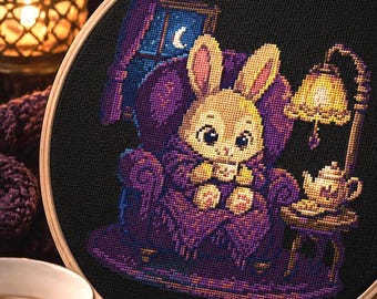 Patrón de punto de cruz Conejito acogedor Decoración para habitación infantil (Descarga en PDF) Estilo cottagecore oscuro Gráfico pequeño Patrón fácil