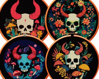 Punto de cruz PAQUETE de 4 patrones PDF Cráneo mágico Diablo místico Floral Fantasía Gótica Bordado Bruja gótica Arte oscuro Celta Hongo