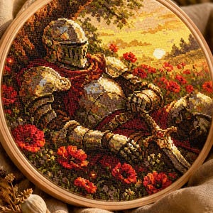 Puede incluir: Un bastidor de bordado circular que contiene una obra de punto de cruz de un caballero con armadura metálica descansando en un campo de amapolas rojas. La escena presenta un atardecer dorado, árboles verdes y el caballero sosteniendo una espada.