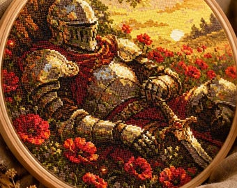 Knight in Poppies Medieval Cross Stitch Pattern (PDF Download) Gothic Mysthical Xstitch Dark Academia Decor Goth Wall Art