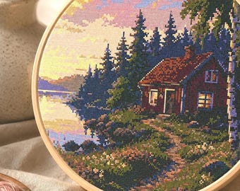 Scandinavian Town Cross Stitch Pattern (PDF Download) Nature Beautiful Hygge European Cityscape Cottagecore Bedroom