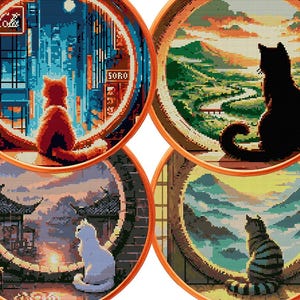 May include: Four circular cross-stitch patterns featuring cats looking out of windows. Top left: orange cat in a city at night with 'HOTEL' text. Top right: black cat overlooking a green valley. Bottom left: white cat facing a sunset. Bottom right: tabby cat.