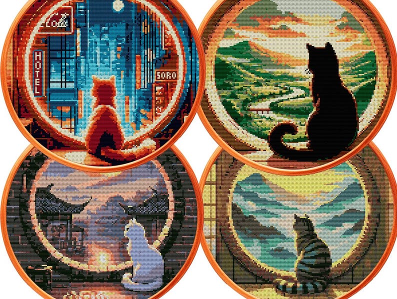 May include: Four circular cross-stitch patterns featuring cats looking out of windows. Top left: orange cat in a city at night with 'HOTEL' text. Top right: black cat overlooking a green valley. Bottom left: white cat facing a sunset. Bottom right: tabby cat.