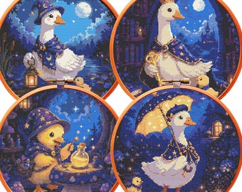 PAQUETE DE 4 Patrones de Punto de Cruz PDF Mago Mágico Patos Escena Nocturna Luna Creciente Estilo Cottagecore Oscuro Pato Ganso Pájaro Patrón de Cobertura Completa