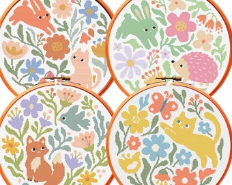 Conjunto de 4 patrones de punto de cruz en PDF: Cuentos de jardín: Zorro, Conejo, Gato, Mariposa. Sello abstracto de ganchillo para principiantes. Patrón pequeño.