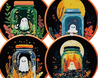 PAQUETE de 4 patrones PDF de punto de cruz gótico, bordado, fantasma en un frasco, botella, madera, bohemio, brujería, punto de cruz, arte, espeluznante, pequeño, lindo, divertido