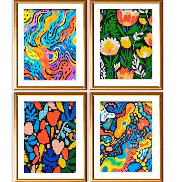 SET of 4 Abstract Cross Stitch Pattern PDF BUNDLE Deal Sale Modern Counted Large Chart Full Coverage Xstitch Easy Beginner Friendly Gift Art