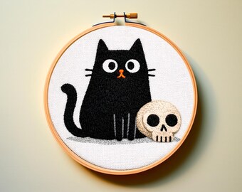 Patrón PDF de bordado a mano con calavera de gato negro con código de color de hilo DMC: decoración gótica para guardería, temática oscura, divertida y linda, puntada artesanal fácil.