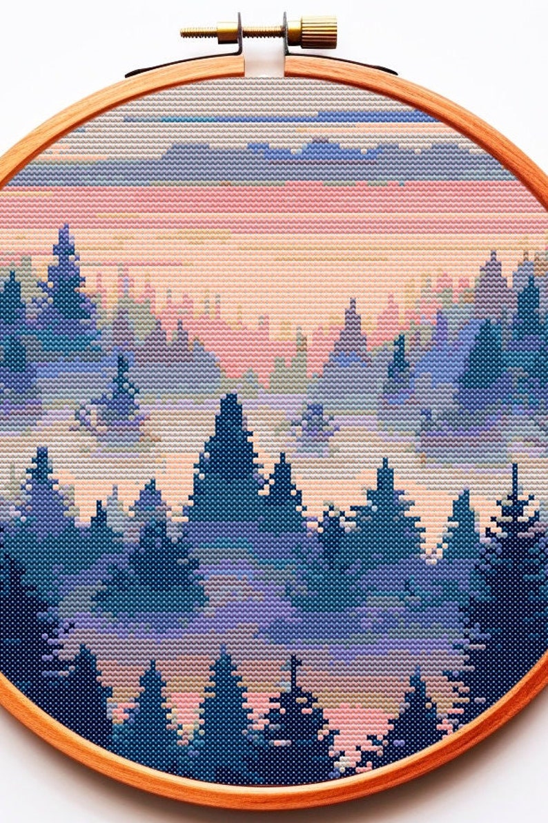 Modern Cross Stitch Pattern PDF Nature Forest Woods Fog Landscape Trees ...