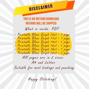 May include: A digital download graphic with the word "DISCLAIMER" in a yellow and orange banner. The text states it is an instant download, nothing will be shipped, and lists PDF contents, including printable blanc graph pages in various sizes, and A4 and Letter sizes.