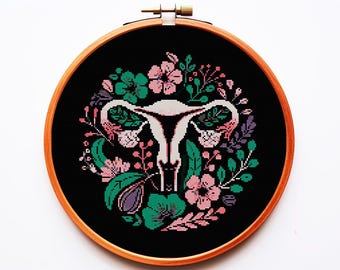 Puede incluir: Un aro de bordado de punto de cruz con fondo negro que presenta una ilustración anatómica blanca de un útero rodeado de diseños florales rosas y verdes.